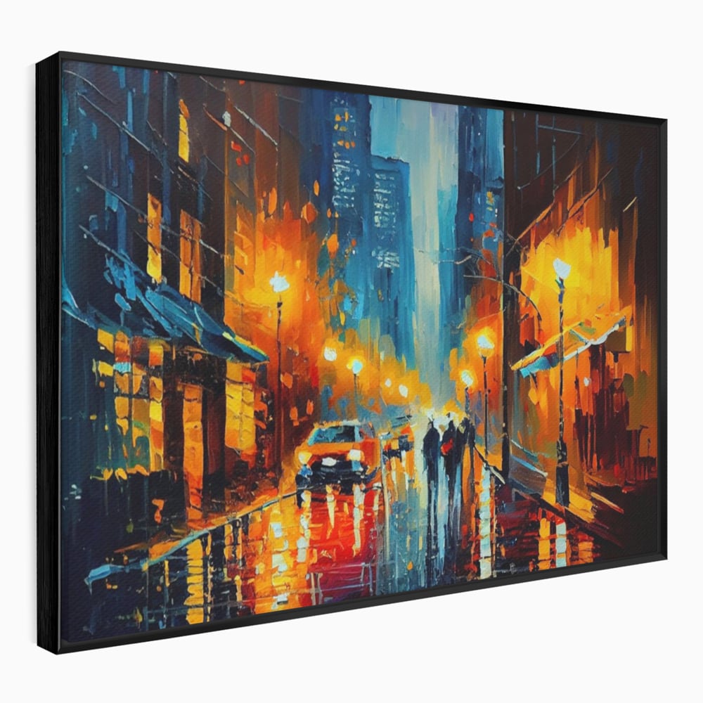 Tablou canvas cu pictura stradala cu oras plouat, in rama de aluminiu negru